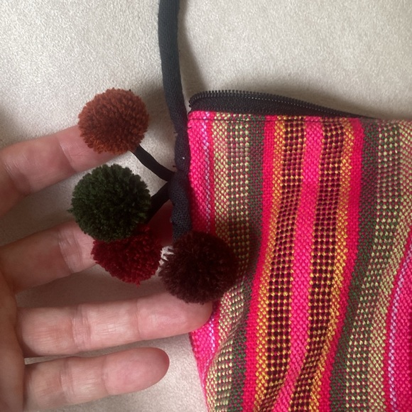 mexican fabric striped colorful w neon fabric cross body purse, w pom pom - Picture 6 of 12